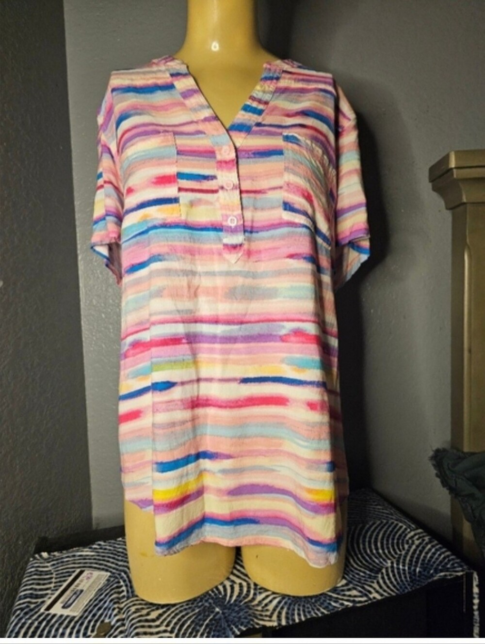 Pastel Multicolor Striped V-Neck Button Tunic Top